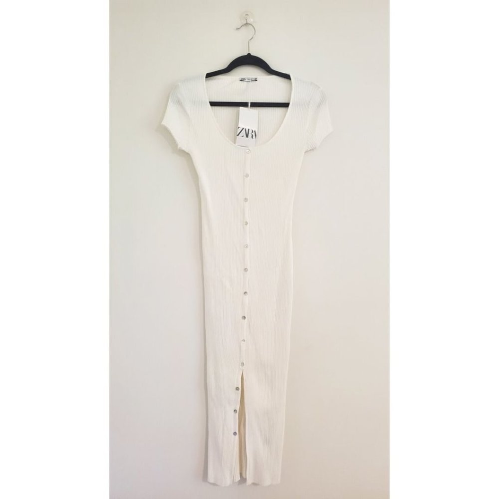 New ZARA White Ribbed Midi Dress